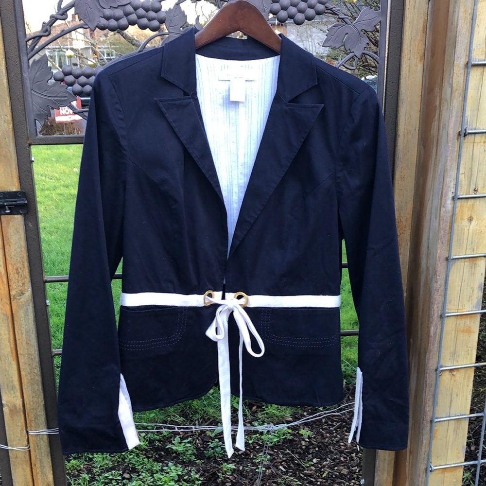 August Silk navy lightweight belted blazer style jacket size 10